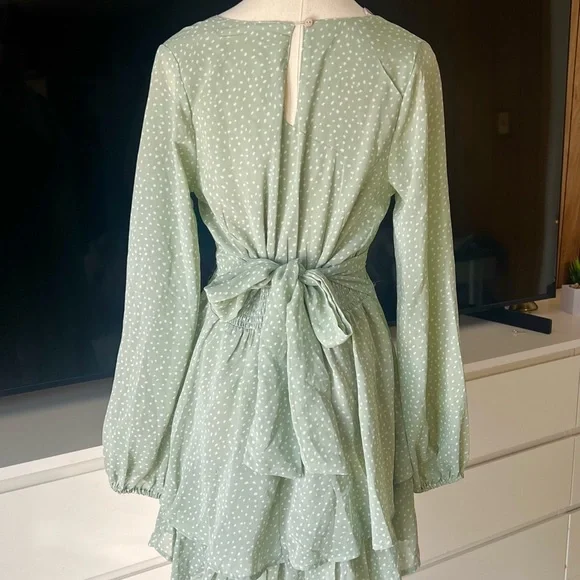 Elegant Mint Sage Polka Dot Wrap Dress - Picture 2 of 3